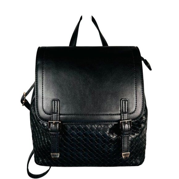 Black Woven Backpack Crossbody Handbag Vegan Leather - Picture 1 of 10